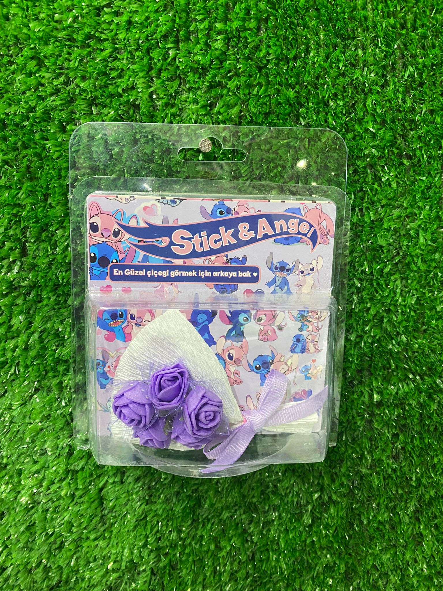Aynalı Hot Flowers Mini Gül Buketi – Mor (Stitch & Angel Temalı)